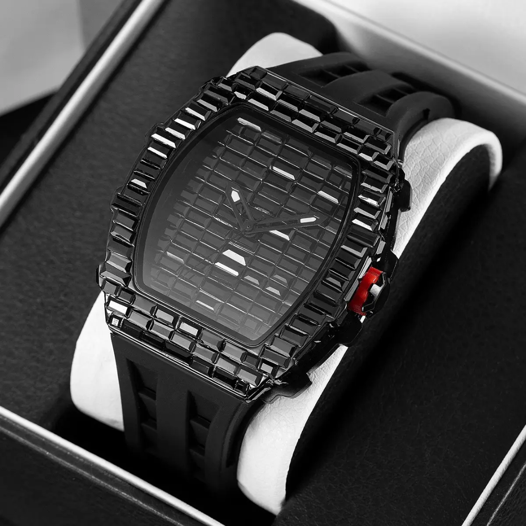 Tonneau Black Diamond Watch for Men | Luxury Wristwatch with Silicone Strap