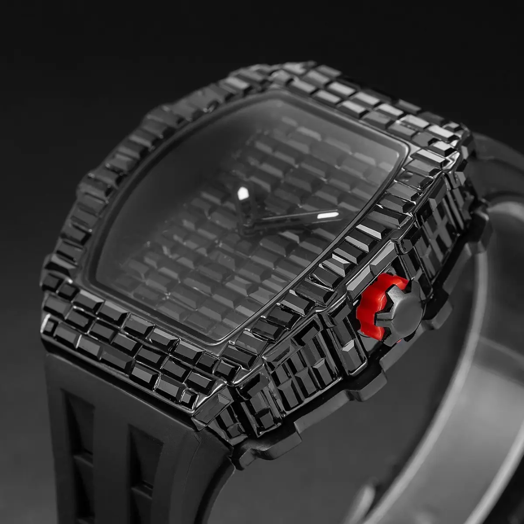 Tonneau Black Diamond Watch for Men | Luxury Wristwatch with Silicone Strap