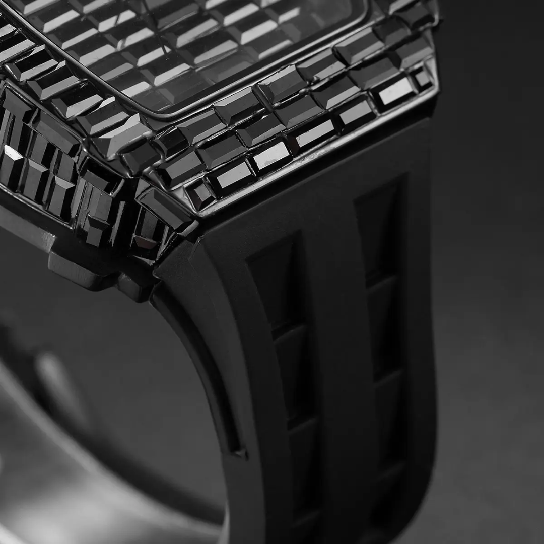 Tonneau Black Diamond Watch for Men | Luxury Wristwatch with Silicone Strap