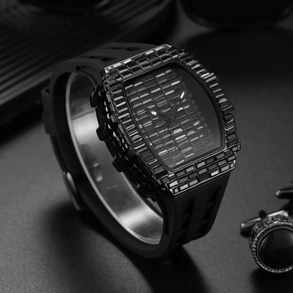 Tonneau Black Diamond Watch for Men | Luxury Wristwatch with Silicone Strap