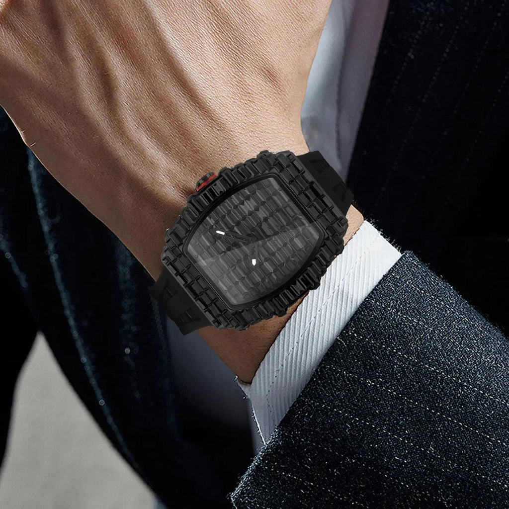Tonneau Black Diamond Watch for Men | Luxury Wristwatch with Silicone Strap