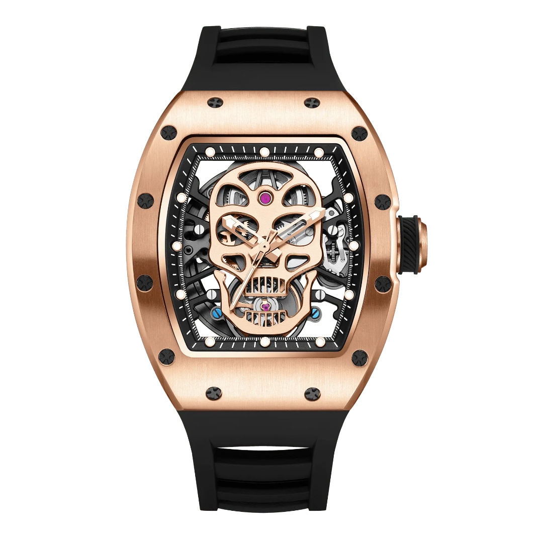 Tonneau Automatic Skeleton Watch for Men | Transparent Back Mechanical Wristwatch with Silicone Strap