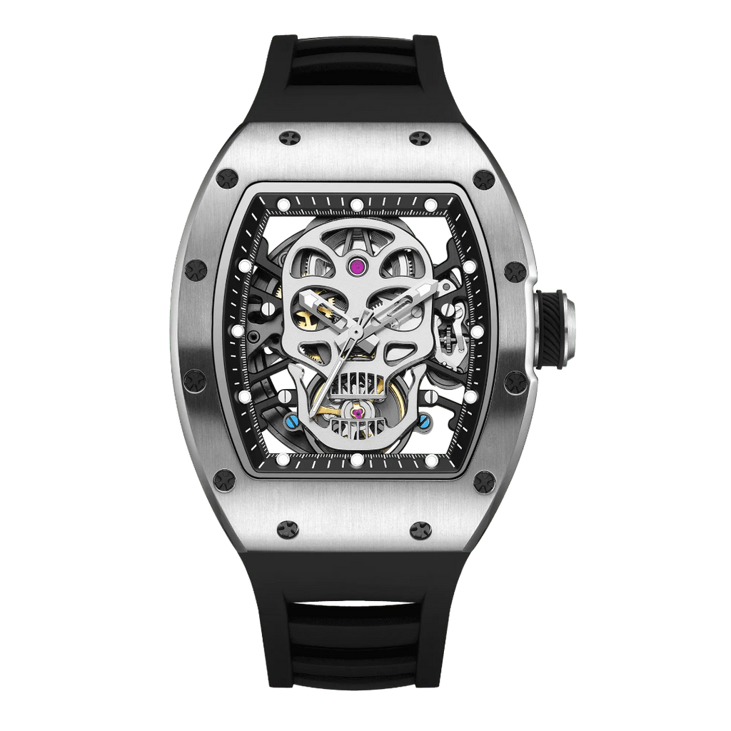 Tonneau Automatic Skeleton Watch for Men | Transparent Back Mechanical Wristwatch with Silicone Strap