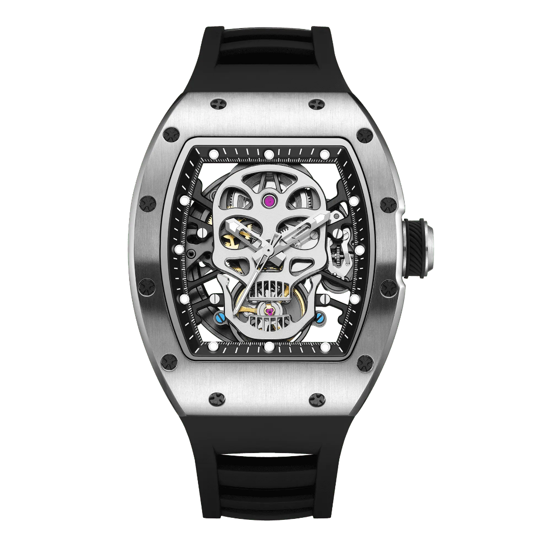 Tonneau Automatic Skeleton Watch for Men | Transparent Back Mechanical Wristwatch with Silicone Strap