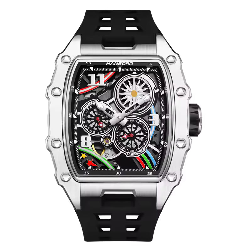 Hanboro Men's Luxury Tonneau Automatic Watch - Industrial Skeleton Dial with Imported Mechanical Movement