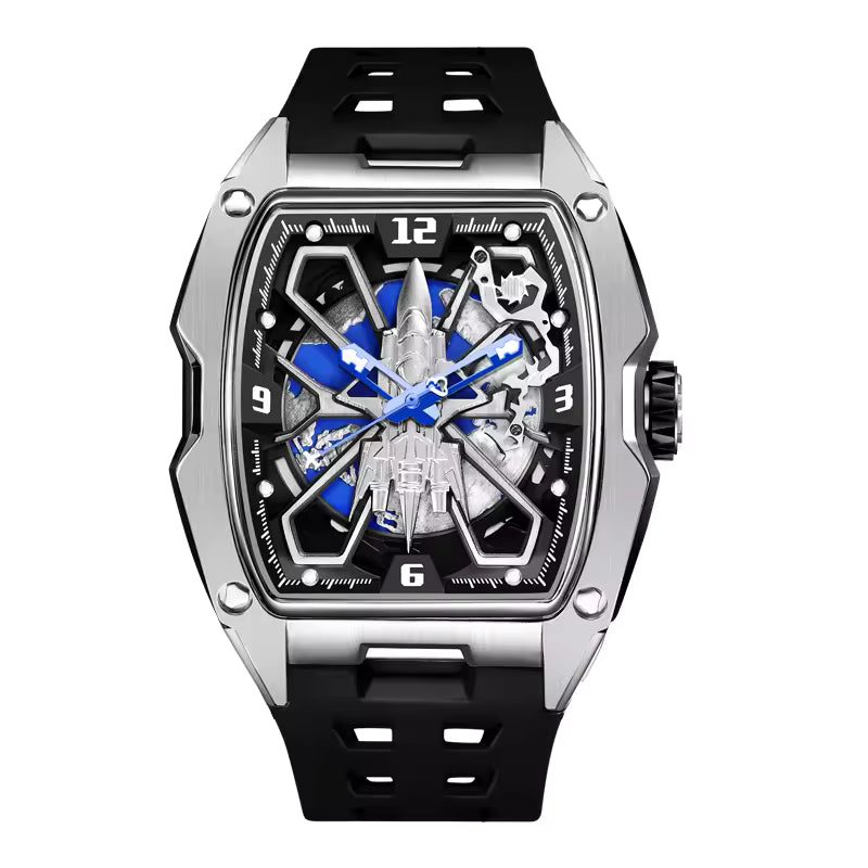 Hanboro Men's Automatic Tonneau Watch - 3D Fighter Jet Skyhawk Skeleton Edition