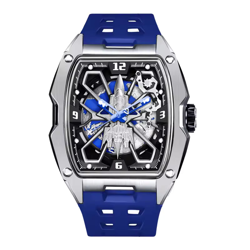 Hanboro Men's Automatic Tonneau Watch - 3D Fighter Jet Skyhawk Skeleton Edition