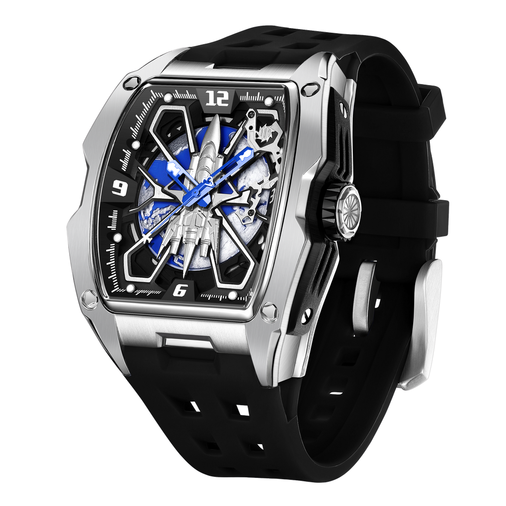 Hanboro Men's Automatic Tonneau Watch - 3D Fighter Jet Skyhawk Skeleton Edition