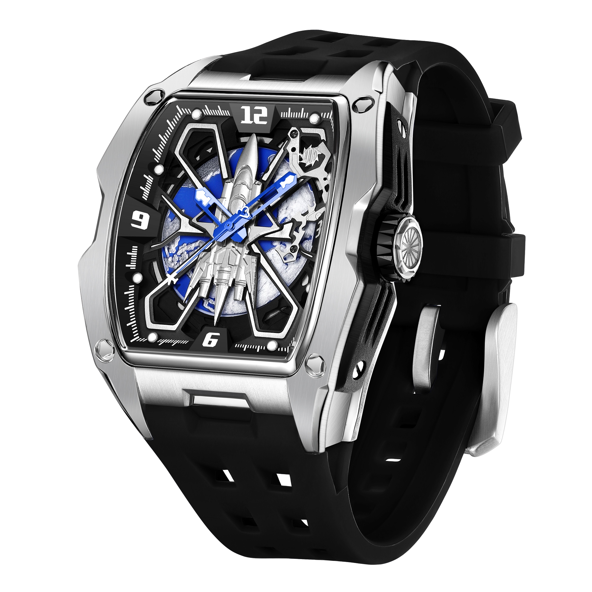 Hanboro Men's Automatic Tonneau Watch - 3D Fighter Jet Skyhawk Skeleton Edition