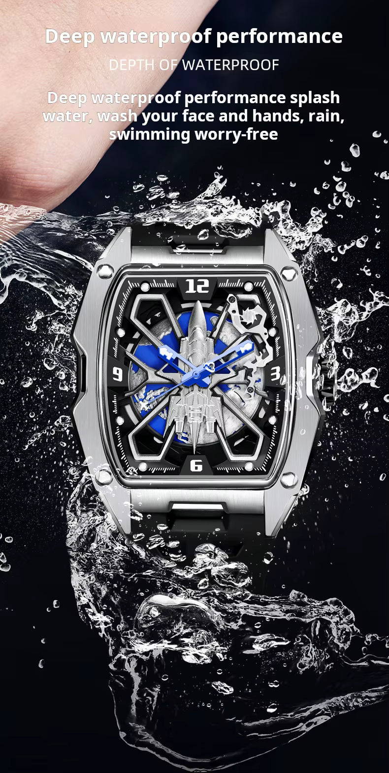 Hanboro Men's Automatic Tonneau Watch - 3D Fighter Jet Skyhawk Skeleton Edition