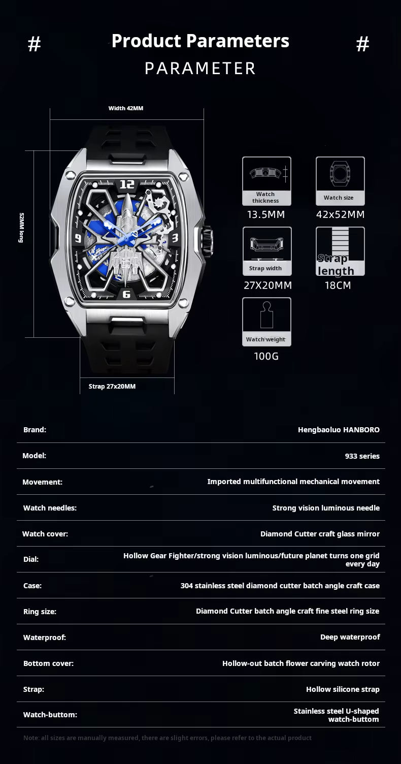 Hanboro Men's Automatic Tonneau Watch - 3D Fighter Jet Skyhawk Skeleton Edition