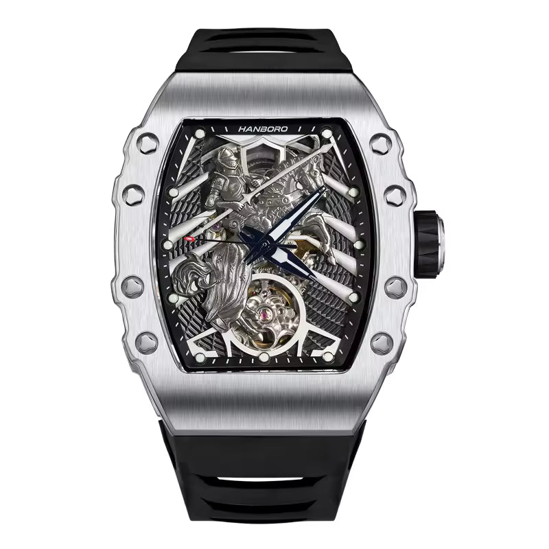 Hanboro Men's Automatic Tonneau Watch - 3D Medieval Knight Skeleton Dial Edition