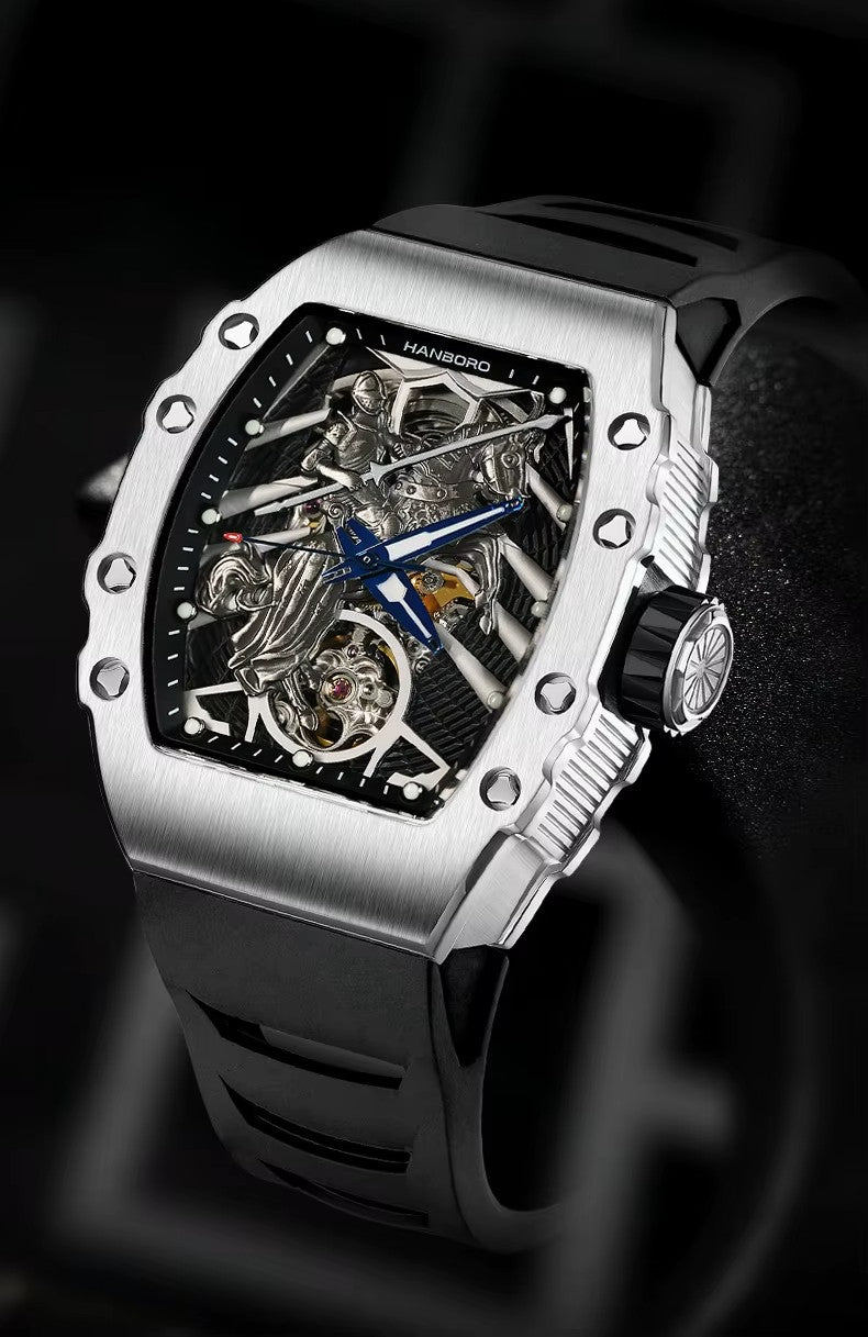Hanboro Men's Automatic Tonneau Watch - 3D Medieval Knight Skeleton Dial Edition