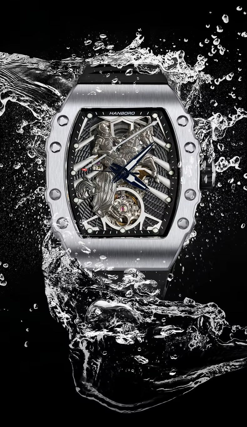 Hanboro Men's Automatic Tonneau Watch - 3D Medieval Knight Skeleton Dial Edition