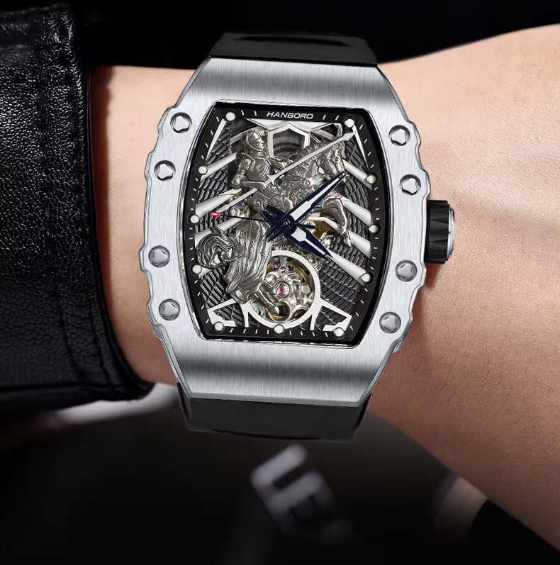 Hanboro Men's Automatic Tonneau Watch - 3D Medieval Knight Skeleton Dial Edition