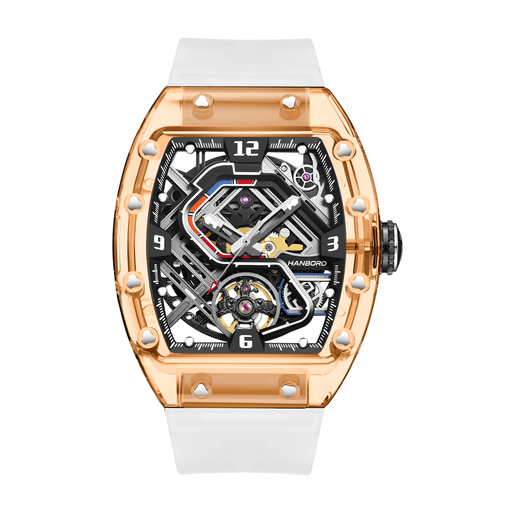 Hanboro Men's Automatic Tonneau Watch - Premium Clear Amber Case Transparent Crystal Skeleton Edition