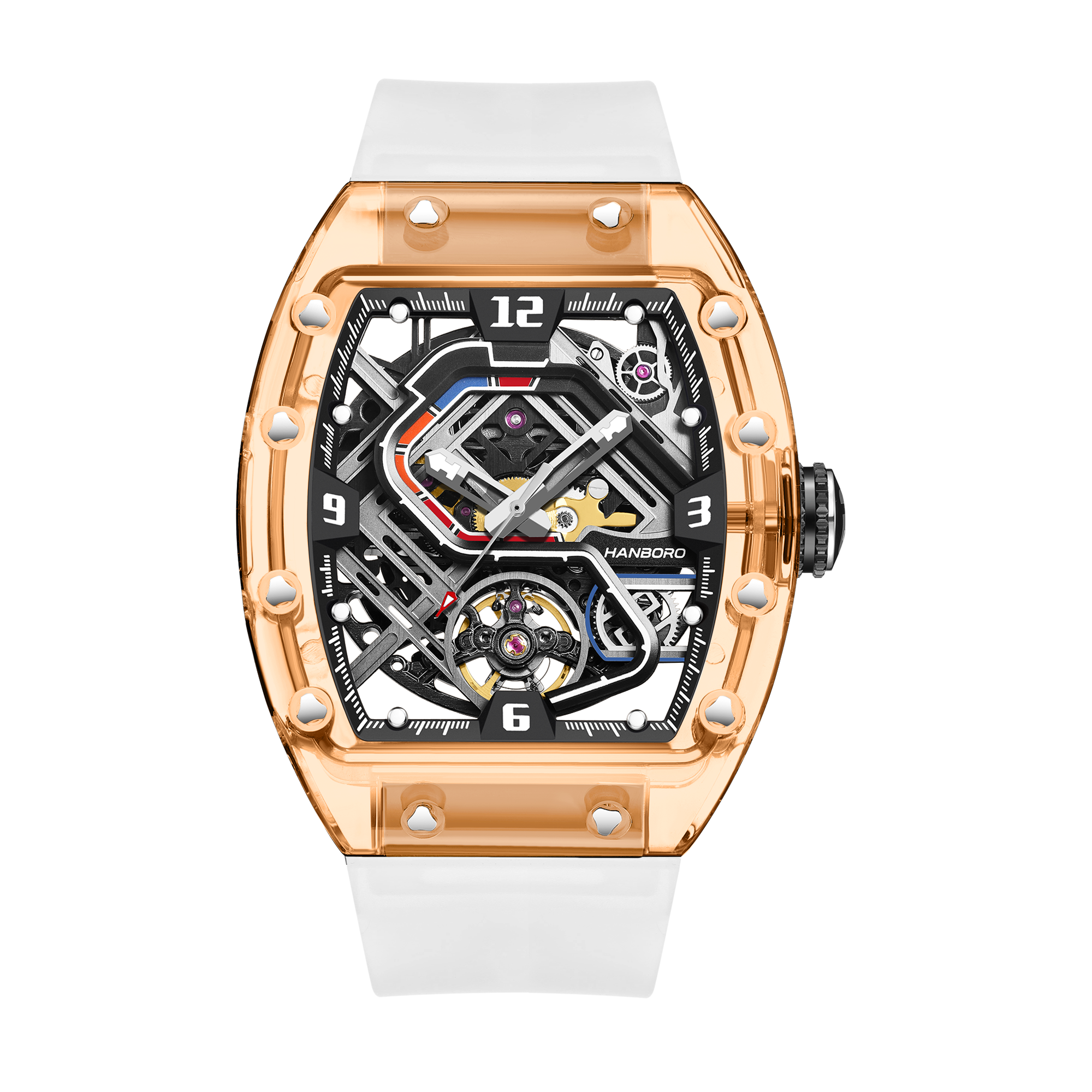 Hanboro Men's Automatic Tonneau Watch - Premium Clear Amber Case Transparent Crystal Skeleton Edition