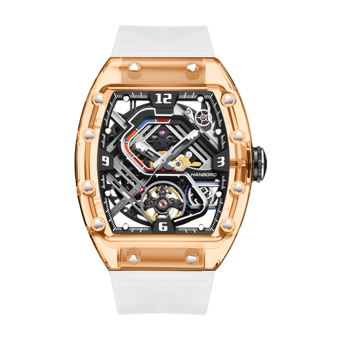 Hanboro Men's Automatic Tonneau Watch - Premium Clear Amber Case Transparent Crystal Skeleton Edition
