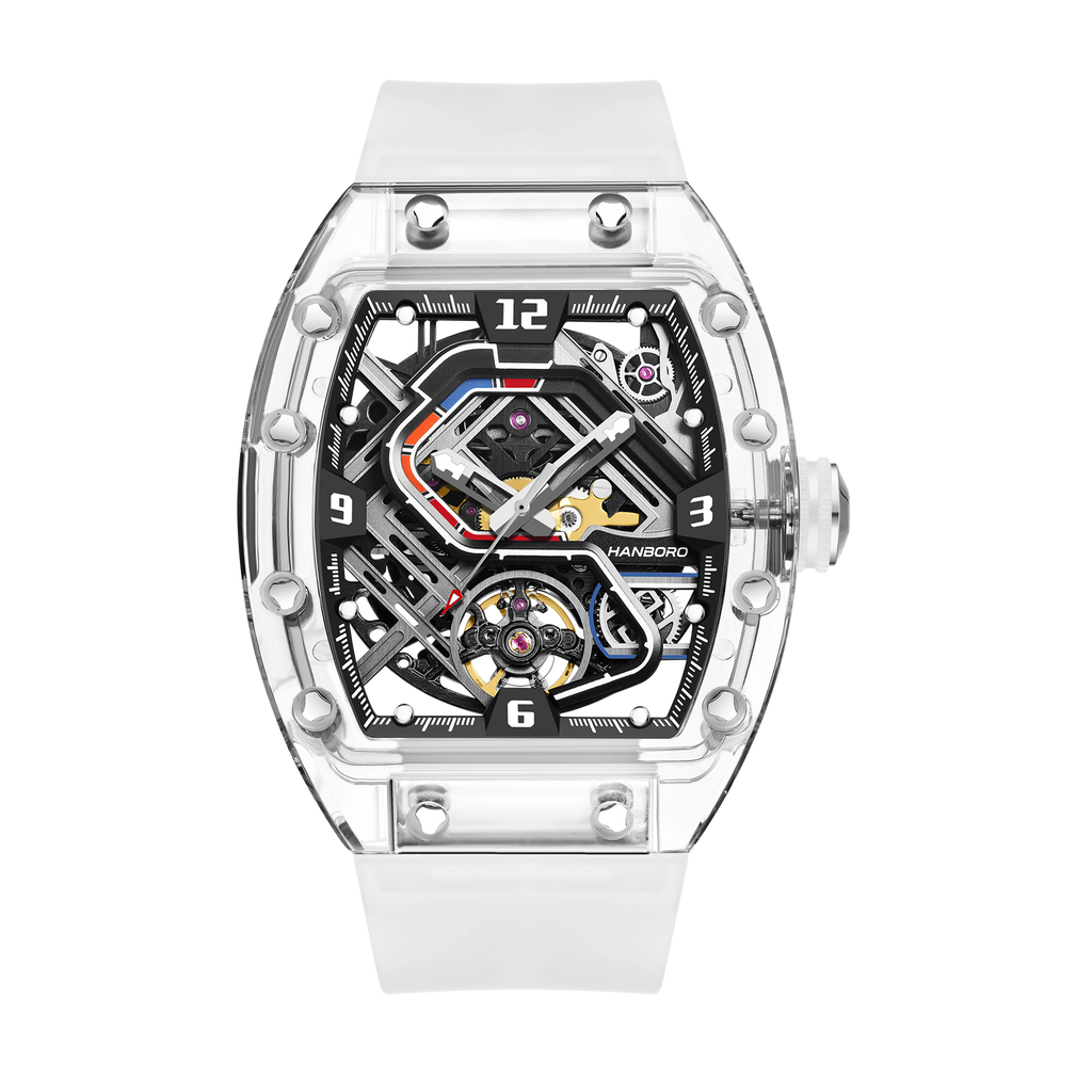 Hanboro Men's Automatic Tonneau Watch - Premium Clear Amber Case Transparent Crystal Skeleton Edition