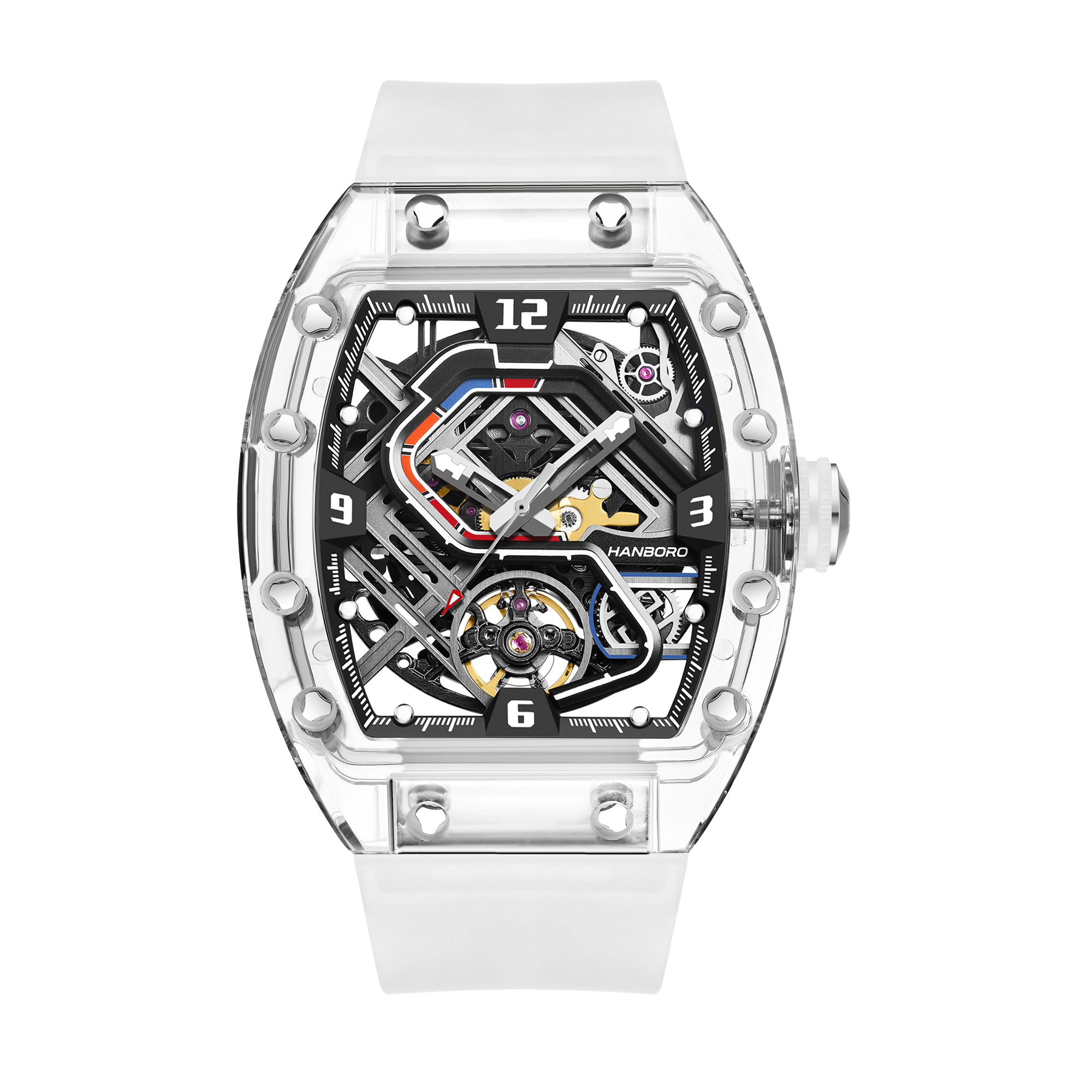 Hanboro Men's Automatic Tonneau Watch - Premium Clear Amber Case Transparent Crystal Skeleton Edition