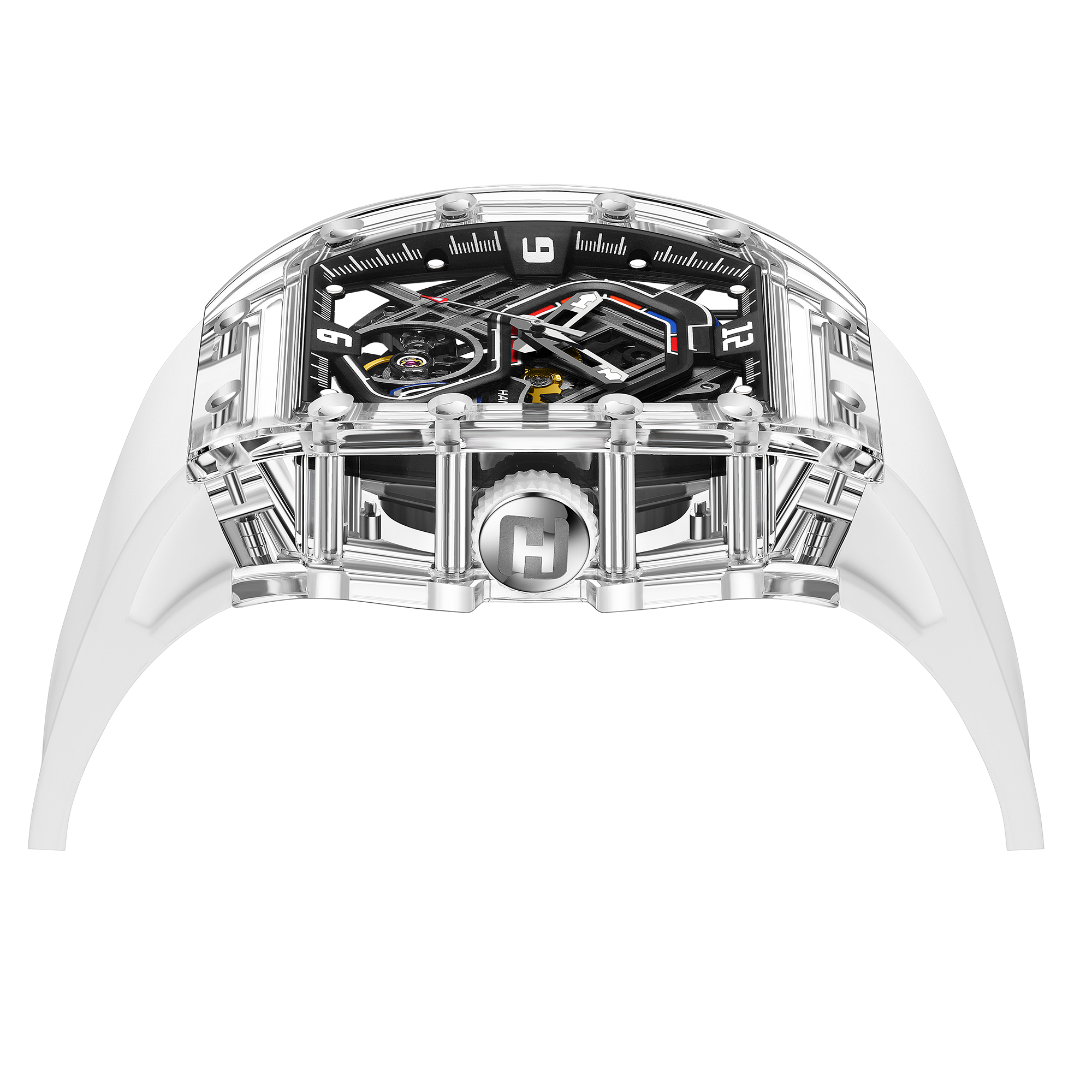 Hanboro Men's Automatic Tonneau Watch - Premium Clear Amber Case Transparent Crystal Skeleton Edition