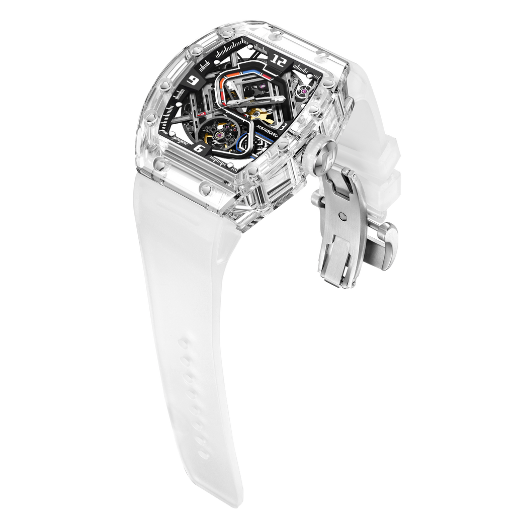 Hanboro Men's Automatic Tonneau Watch - Premium Clear Amber Case Transparent Crystal Skeleton Edition