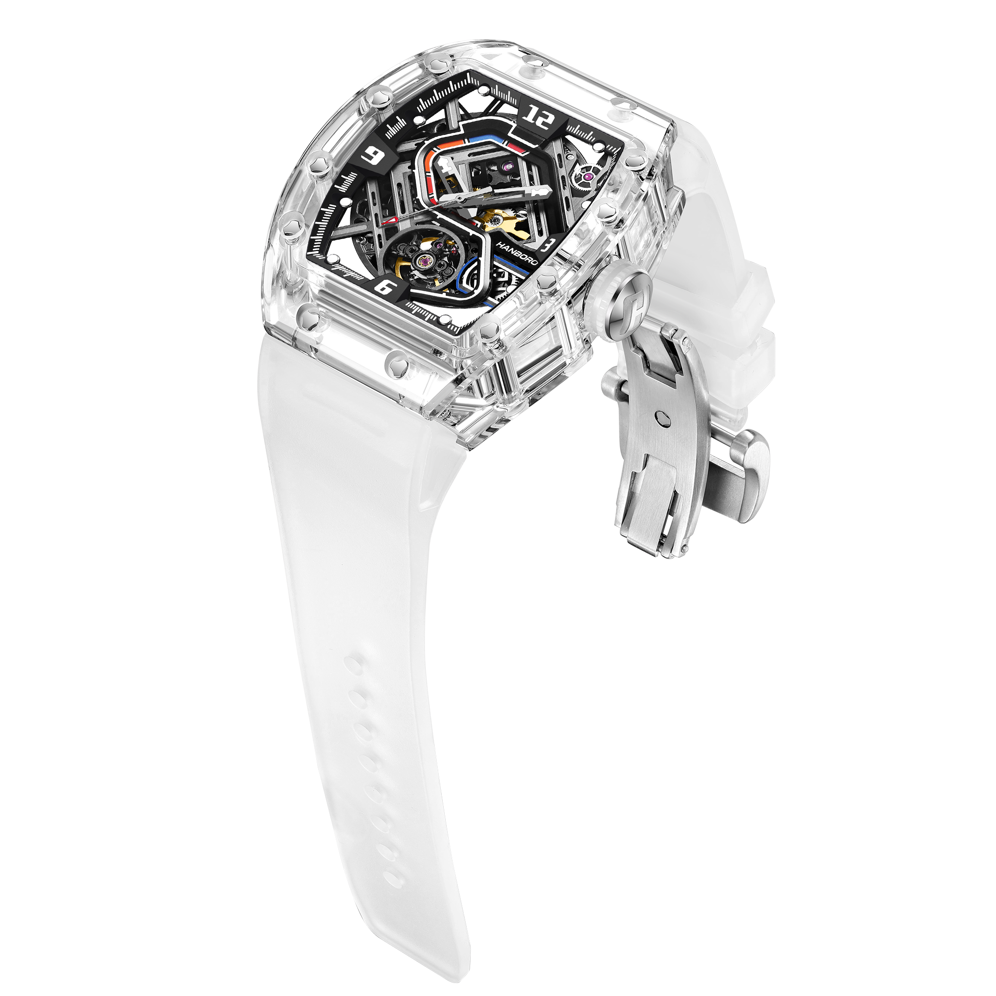 Hanboro Men's Automatic Tonneau Watch - Premium Clear Amber Case Transparent Crystal Skeleton Edition
