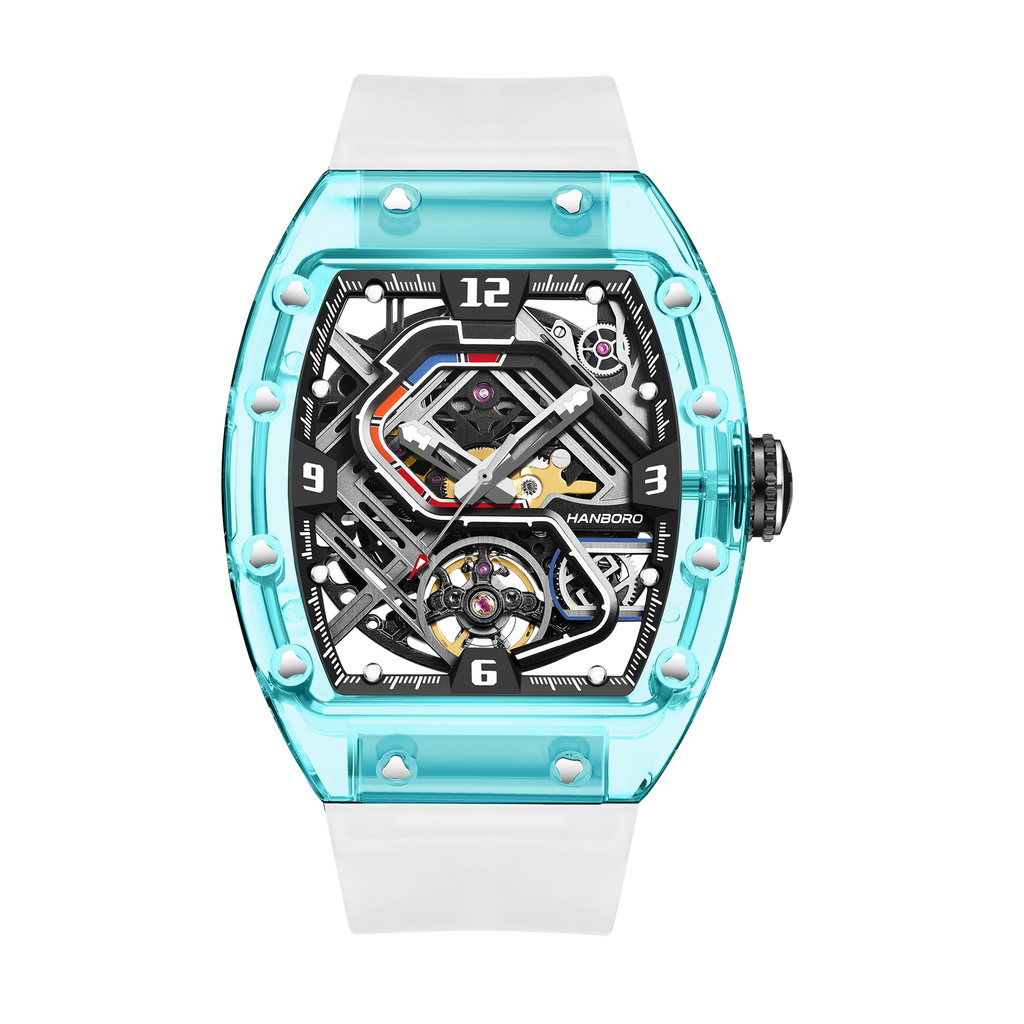 Hanboro Men's Automatic Tonneau Watch - Premium Clear Amber Case Transparent Crystal Skeleton Edition