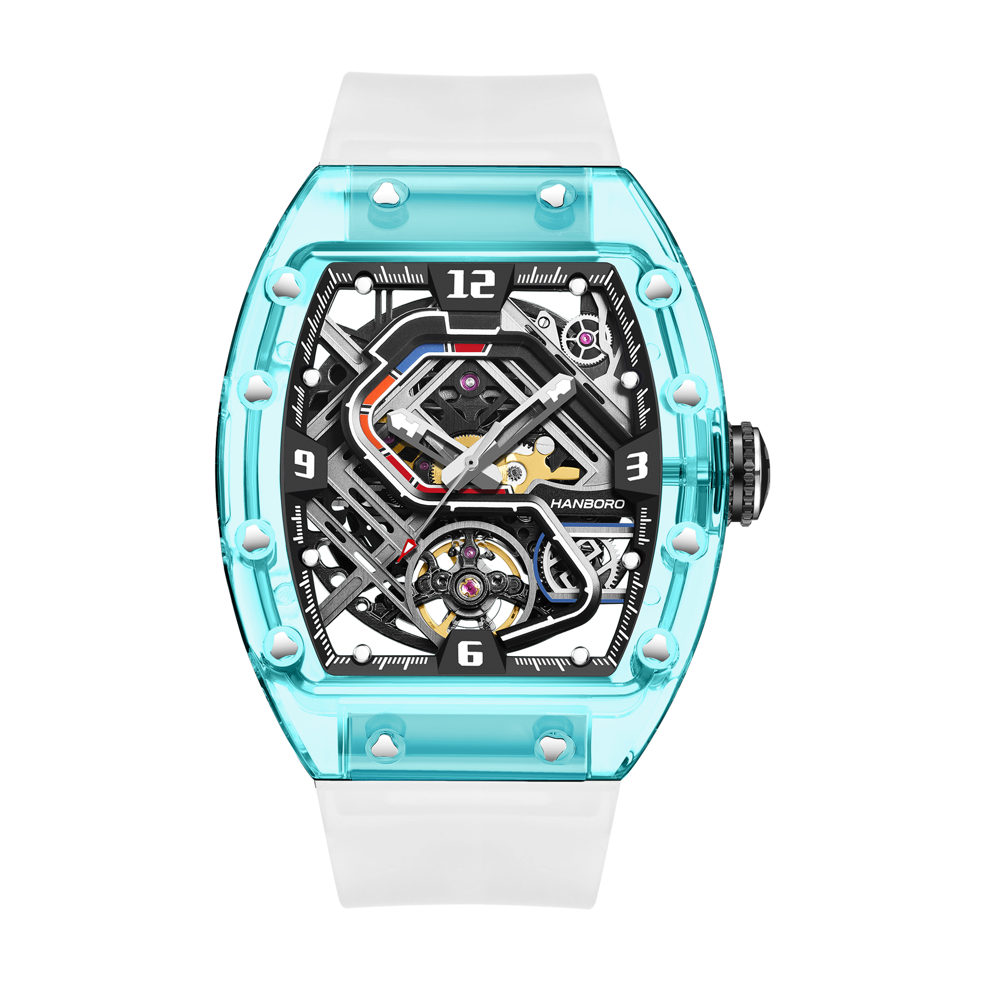 Hanboro Men's Automatic Tonneau Watch - Premium Clear Amber Case Transparent Crystal Skeleton Edition