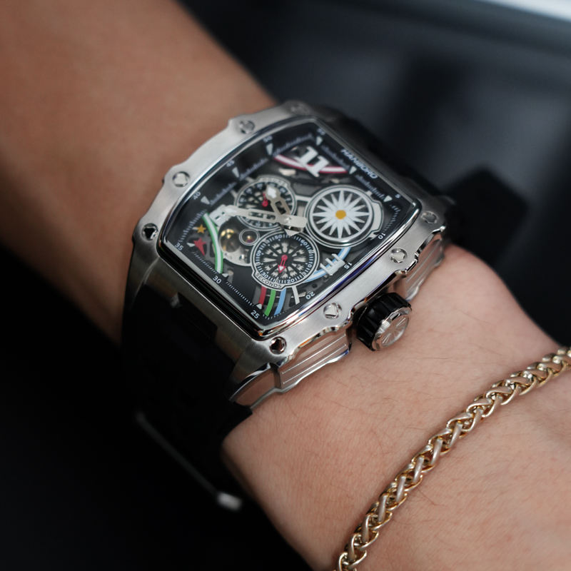 Hanboro Men's Luxury Tonneau Automatic Watch - Industrial Skeleton Dial with Imported Mechanical Movement