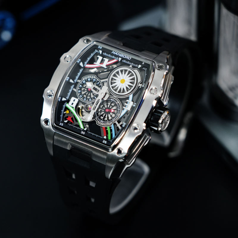 Hanboro Men's Luxury Tonneau Automatic Watch - Industrial Skeleton Dial with Imported Mechanical Movement