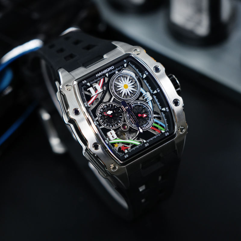 Hanboro Men's Luxury Tonneau Automatic Watch - Industrial Skeleton Dial with Imported Mechanical Movement