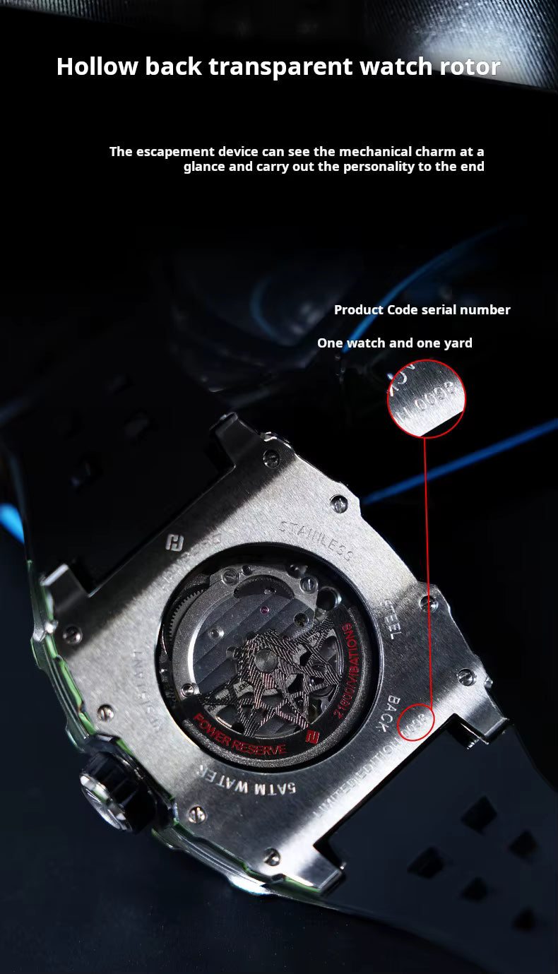 Hanboro Men's Luxury Tonneau Automatic Watch - Industrial Skeleton Dial with Imported Mechanical Movement