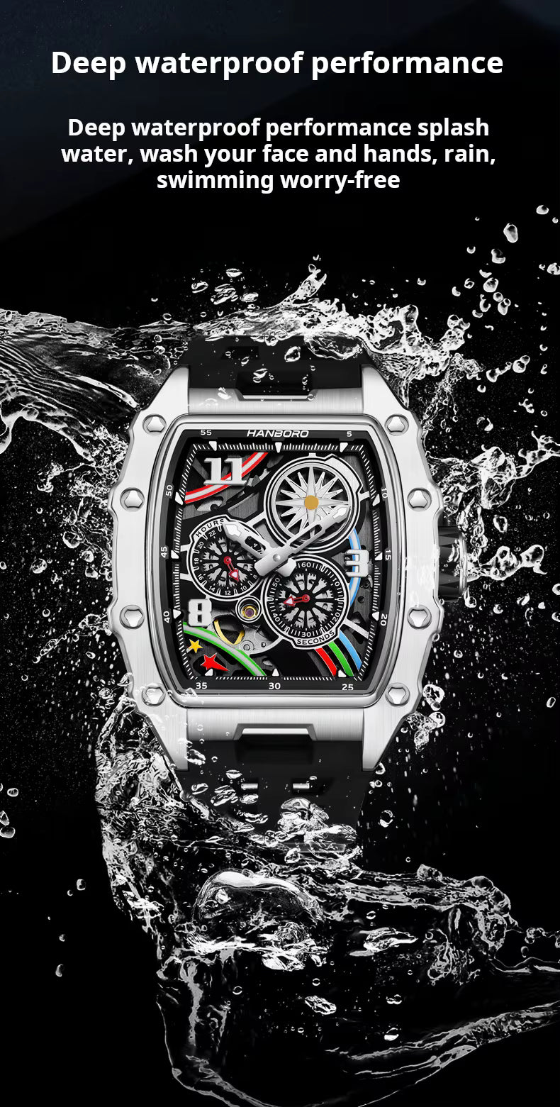 Hanboro Men's Luxury Tonneau Automatic Watch - Industrial Skeleton Dial with Imported Mechanical Movement