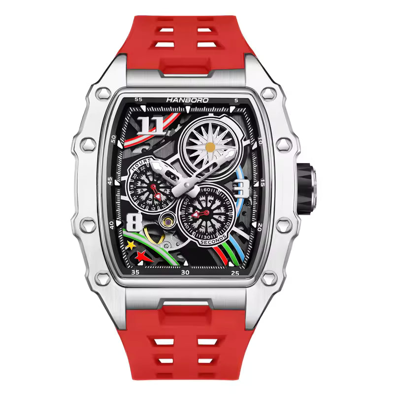 Hanboro Men's Luxury Tonneau Automatic Watch - Industrial Skeleton Dial with Imported Mechanical Movement