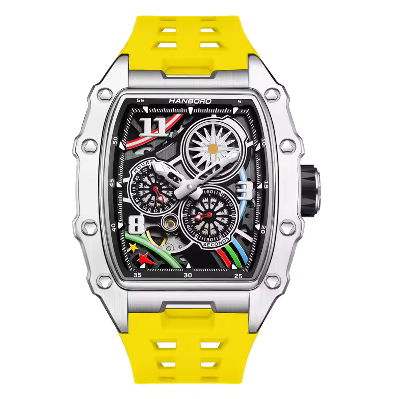 Hanboro Men's Luxury Tonneau Automatic Watch - Industrial Skeleton Dial with Imported Mechanical Movement