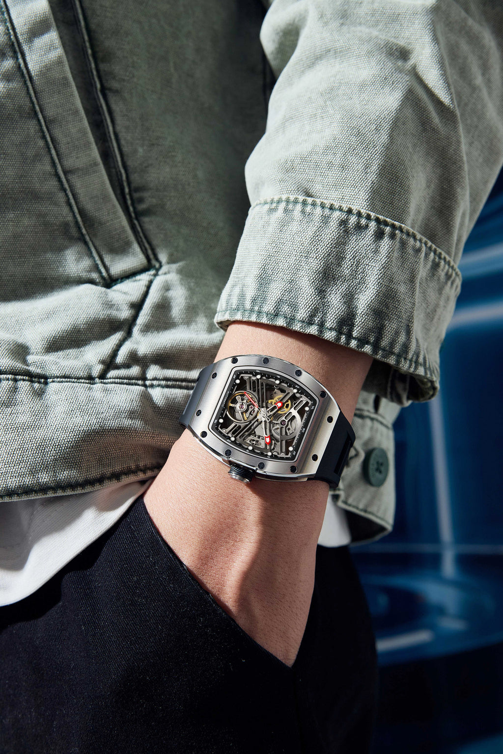 Tonneau Automatic Skeleton Watch for Men | Transparent Back Mechanical Wristwatch with Silicone Strap