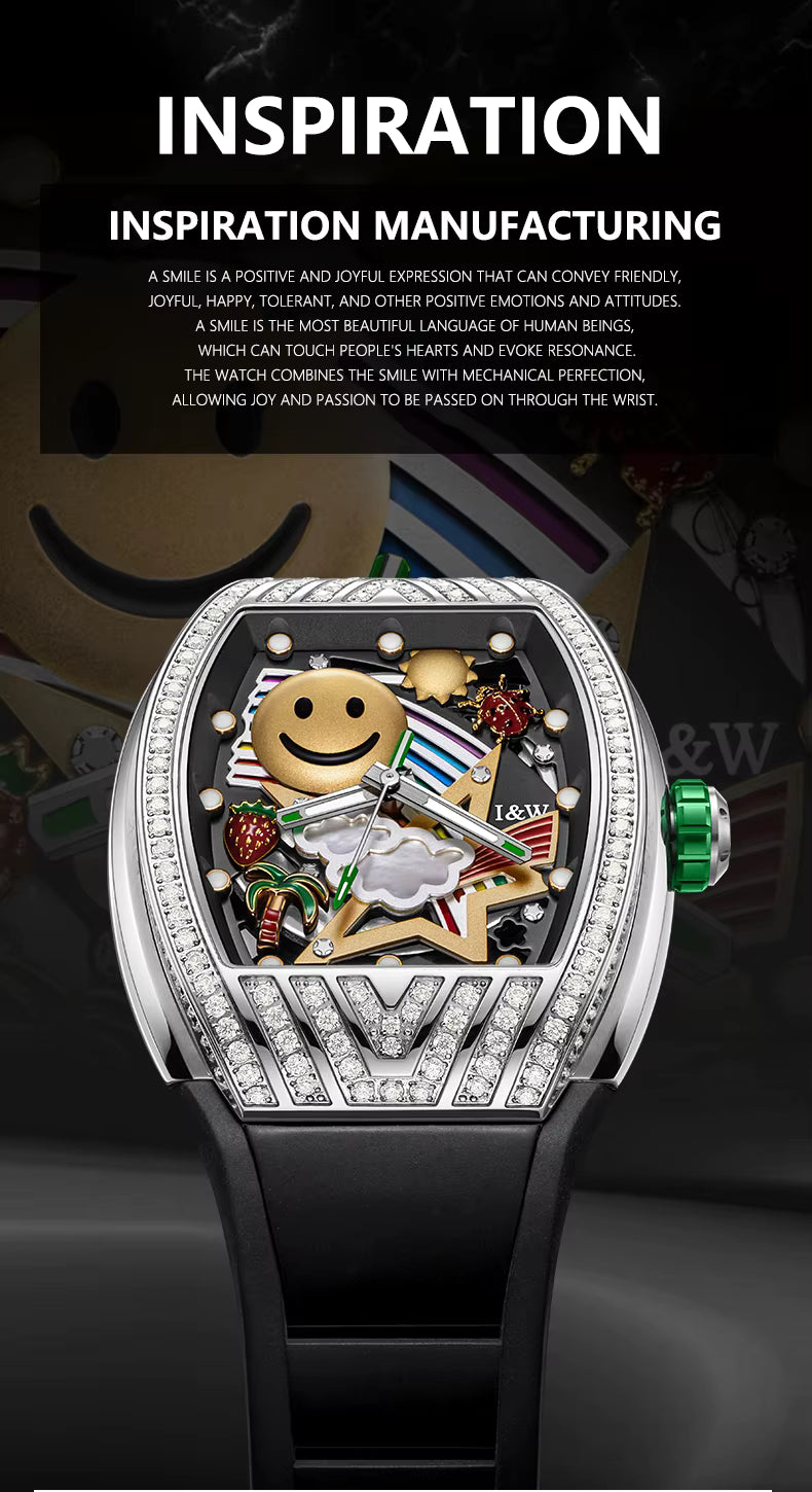 I&W Carnival Men's Automatic Tonneau Watch - Smiley Face Diamond Bezel with Miyota Movement