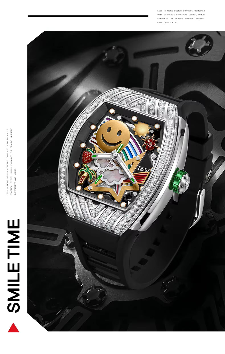 I&W Carnival Men's Automatic Tonneau Watch - Smiley Face Diamond Bezel with Miyota Movement