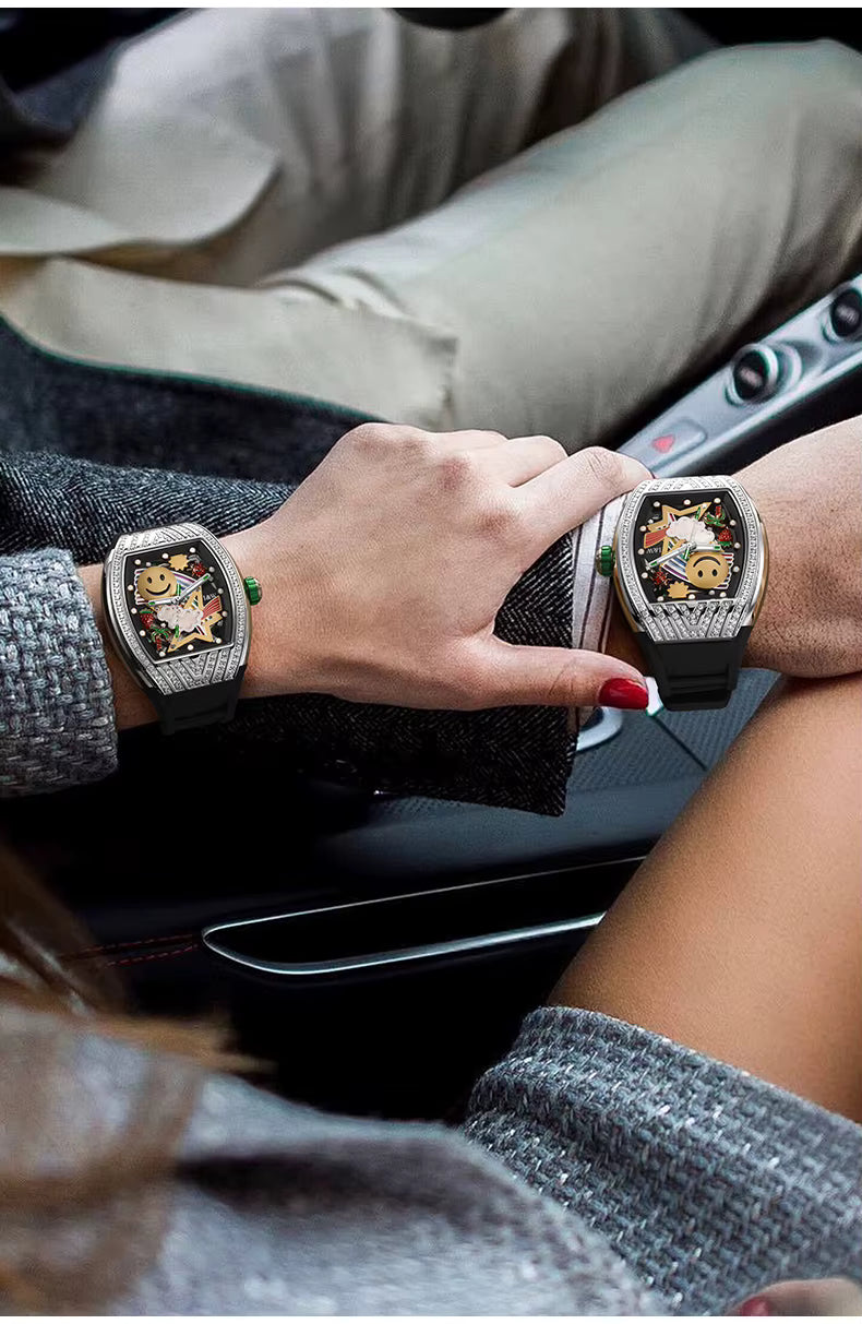I&W Carnival Men's Automatic Tonneau Watch - Smiley Face Diamond Bezel with Miyota Movement