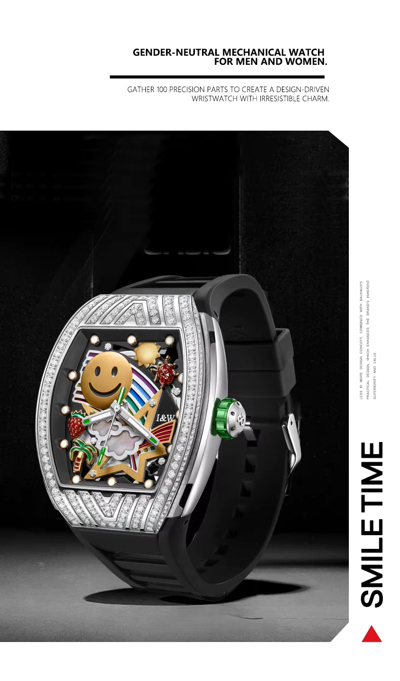 I&W Carnival Men's Automatic Tonneau Watch - Smiley Face Diamond Bezel with Miyota Movement