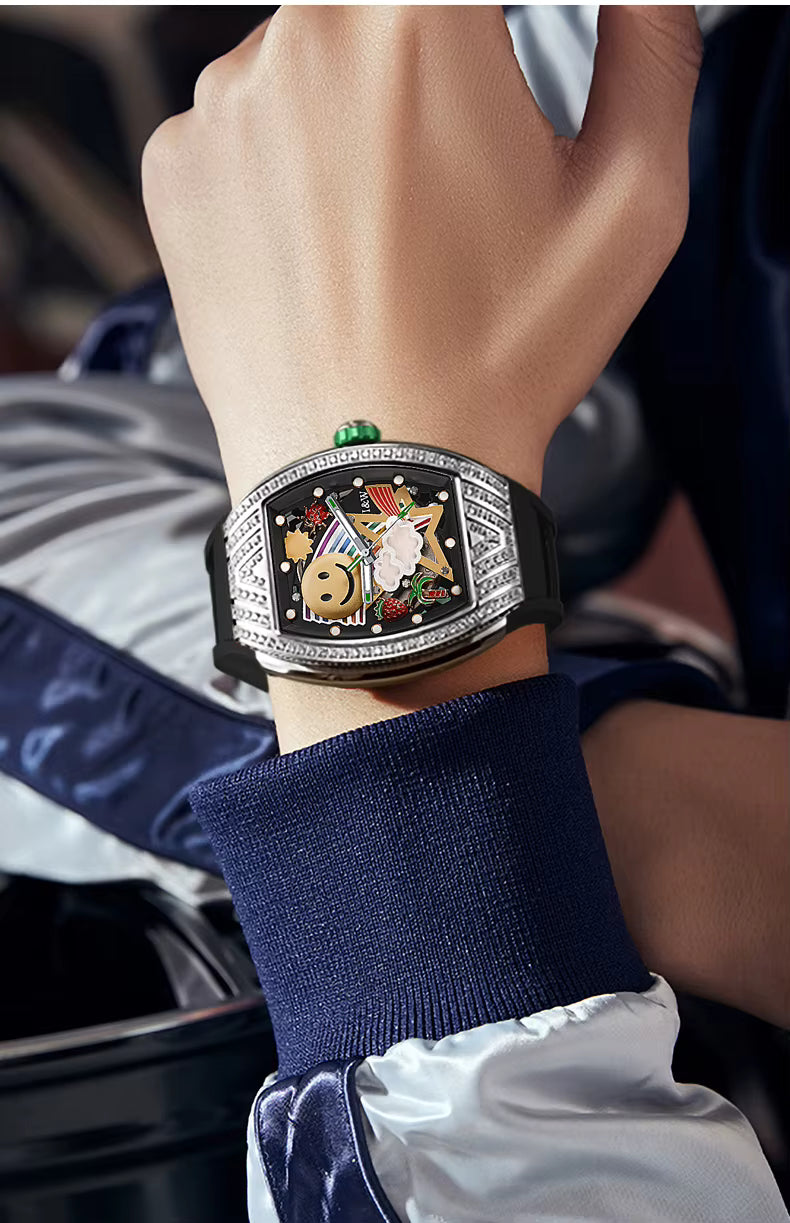 I&W Carnival Men's Automatic Tonneau Watch - Smiley Face Diamond Bezel with Miyota Movement