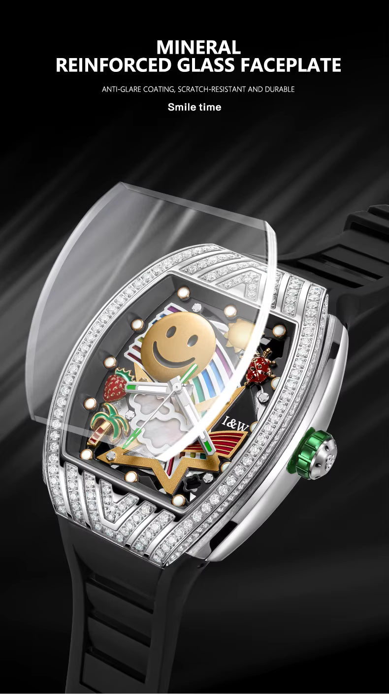 I&W Carnival Men's Automatic Tonneau Watch - Smiley Face Diamond Bezel with Miyota Movement