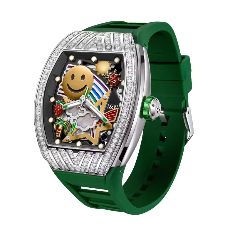 I&W Carnival Men's Automatic Tonneau Watch - Smiley Face Diamond Bezel with Miyota Movement
