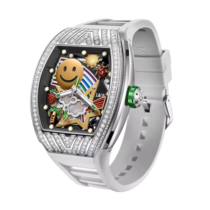 I&W Carnival Men's Automatic Tonneau Watch - Smiley Face Diamond Bezel with Miyota Movement