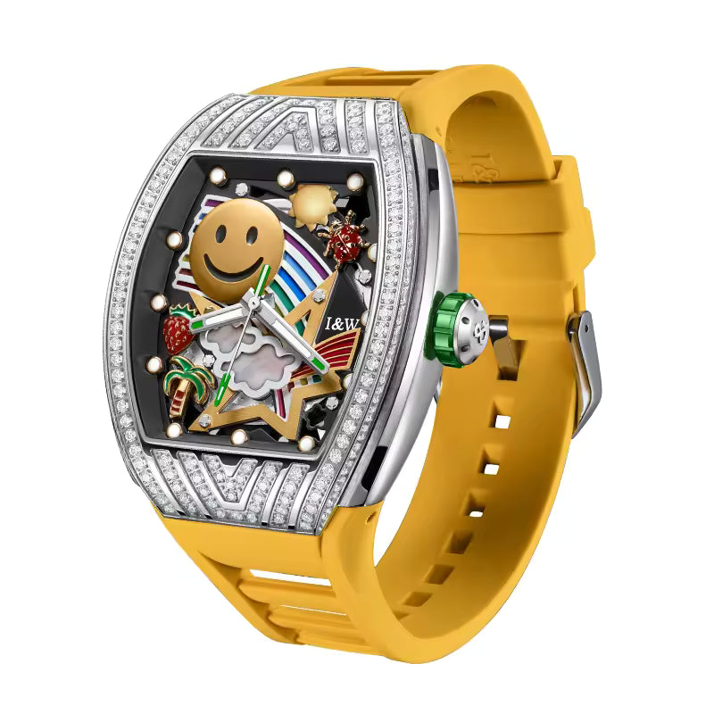 I&W Carnival Men's Automatic Tonneau Watch - Smiley Face Diamond Bezel with Miyota Movement