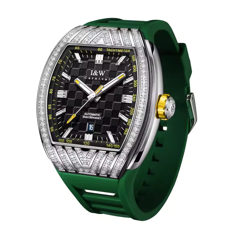 I&W Carnival Men's Automatic Tonneau Watch - Luxury Diamond Bezel with Miyota Movement