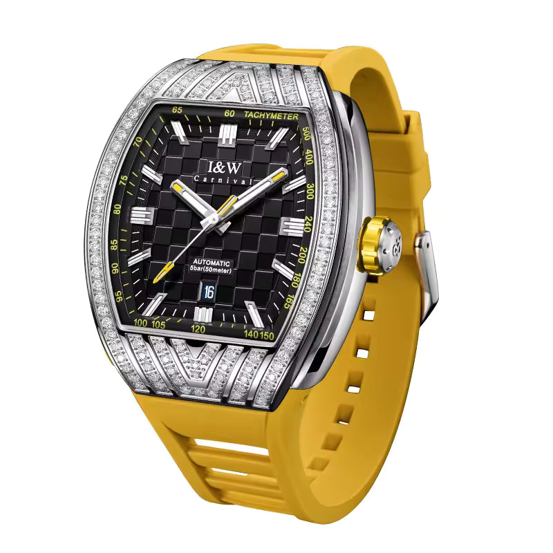 I&W Carnival Men's Automatic Tonneau Watch - Luxury Diamond Bezel with Miyota Movement