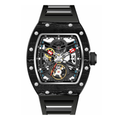 Tonneau Carbon Fiber Automatic Skeleton Watch for Men | Transparent Back Mechanical Wristwatch with Silicone Strap