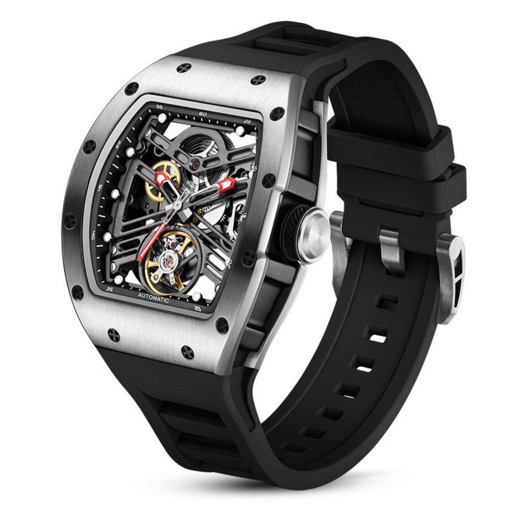 Tonneau Automatic Skeleton Watch for Men | Transparent Back Mechanical Wristwatch with Silicone Strap